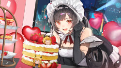 Rule 34 | 1girl, annabella (tower of fantasy), balloon, black gloves, black hair, breasts, cake, cameo, elbow gloves, food, gloves, highres, indoors, looking at viewer, maid, medium breasts, mi-a (tower of fantasy), night, open mouth, red eyes, shotgunman, solo, strawberry shortcake, tower of fantasy, tray, window