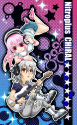 Rule 34 | 1boy, 1girl, bass guitar, blush, boots, breasts, brother and sister, company connection, covered erect nipples, denim, dog tags, grey hair, headphones, instrument, jeans, large breasts, long hair, m@koto, mascot, naitou-kun, nitro+ chiral, nitroplus, open mouth, pants, pink hair, red eyes, siblings, smile, super sonico, torn clothes, torn jeans, torn pants, white hair