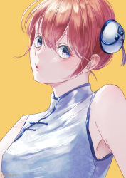 Rule 34 | 1girl, absurdres, askgcom, bare arms, blue eyes, bun cover, china dress, chinese clothes, dress, gintama, hair between eyes, highres, kagura (gintama), open mouth, red hair, short hair, simple background, sleeveless, sleeveless dress, solo, twitter username, upper body, white dress, yellow background