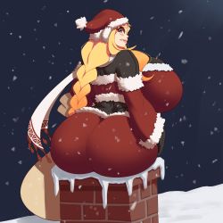 Rule 34 | 1girl, arina, ass, ass focus, back, blonde hair, bodysuit, breasts, brown eyes, dotil, eyelashes, eyeshadow, gigantic breasts, grin, hat, highres, huge ass, lips, long hair, looking back, makeup, night, original, outdoors, plump, santa hat, scarf, shiny clothes, shiny skin, sitting, skin tight, sky, smile, smokestack, snow, solo, stuck, very long hair, wide hips, worried