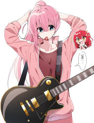 Rule 34 | 2girls, absurdres, adjusting hair, blue eyes, blush, bocchi the rock!, cellphone, collarbone, electric guitar, gotoh hitori, green eyes, guitar, hair between eyes, highres, holding, holding phone, instrument, jacket, kita ikuyo, long hair, long sleeves, mouth hold, multiple girls, one eye closed, one side up, phone, pink hair, pink jacket, red hair, shigure (sigre), simple background, smartphone, speech bubble, track jacket, translation request, white background