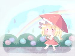 Rule 34 | 1girl, blonde hair, blush, bright pupils, bush, commentary request, crystal, day, dress, flandre scarlet, flower, full body, hat, holding, holding umbrella, hydrangea, kokochi, mob cap, one side up, outdoors, petticoat, rainbow, red dress, red eyes, short hair, sky, solo, touhou, umbrella, walking, water drop, white pupils, wings