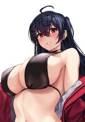 Rule 34 | 1girl, absurdres, ahoge, azur lane, bare shoulders, bikini, black bikini, black choker, black hair, blush, breasts, choker, cleavage, commentary, eyewear on head, hair between eyes, halterneck, highres, jacket, large breasts, lips, long hair, looking at viewer, navel, off shoulder, official alternate costume, one side up, open clothes, open jacket, parted lips, rebutsu, red eyes, red jacket, sideboob, simple background, skindentation, smile, solo, stomach, strap gap, swimsuit, taihou (azur lane), taihou (enraptured companion) (azur lane), teeth, upper body, white background