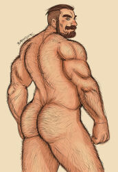 Rule 34 | 1boy, arm hair, ass, ass hair, back hair, bara, beard, body hair, completely nude, contrapposto, facial hair, feet out of frame, from behind, growlygruntz, hairy, highres, leg hair, looking at viewer, looking back, male focus, mature male, muscular, muscular male, nude, original, short hair, sketch, solo, standing, thick thighs, thighs, undercut
