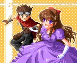 Rule 34 | 1boy, 1girl, alec (arc the lad), anrietta rochefort, arc the lad, arc the lad iii, belt, brown eyes, brown hair, couple, dress, drill hair, gloves, goggles, jewelry, long hair, necklace, purple eyes, short hair, smile, takeuchi (be in chaos), takeuchi (pixiv48797)