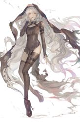 Rule 34 | 1girl, absurdres, arknights, bingansuan jiamouren, black socks, character name, commentary request, hand up, high heels, highres, kneehighs, long hair, looking at viewer, nun, red eyes, silver hair, simple background, skirt, socks, solo, specter (arknights), thigh strap, thighhighs, torn clothes, torn skirt, very long hair, white background