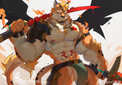 Rule 34 | 1boy, abs, animal ears, armor, bara, black wings, bulge, chain, chain necklace, cowboy shot, dual wielding, facial hair, furry, furry male, goatee, gyee, holding, holding sword, holding weapon, jaguar boy, jaguar ears, jewelry, large pectorals, looking ahead, male focus, mature male, muscular, muscular male, navel, necklace, nipples, original, over shoulder, pauldrons, pectorals, pelvic curtain, revealing clothes, romg, romg the jaguar, sanpaku, second-party source, short hair, shoulder armor, single pauldron, solo, stomach, sword, thick eyebrows, tsurime, v-taper, weapon, weapon over shoulder, wings