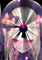 Rule 34 | 1girl, abigail williams (fate), black background, black bow, black hat, blonde hair, blush, bow, evil grin, evil smile, eyebrows, eyelashes, fate/grand order, fate (series), forehead, grin, hair bow, hat, keyhole, long sleeves, looking at viewer, multiple hair bows, open mouth, orange bow, polka dot, polka dot bow, red eyes, sharp teeth, slit pupils, smile, solo, tears, teeth, ursica
