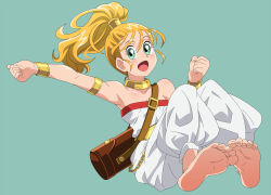 Rule 34 | 1girl, barefoot, blonde hair, chrono trigger, feet, green eyes, highres, kuroi ohagi, long hair, looking at viewer, marle (chrono trigger), open mouth, ponytail, soles, toes