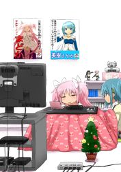 Rule 34 | 10s, 2girls, :/, = =, akemi homura, bad id, bad pixiv id, blue eyes, blue hair, blush, bookshelf, bow, braid, cape, christmas tree, closed eyes, copyright name, figure, fortissimo, game console, gerisita, gloves, hair bow, hair ornament, hairclip, handheld game console, kaname madoka, kotatsu, kyubey, magical girl, mahou shoujo madoka magica, mahou shoujo madoka magica (anime), mahou shoujo madoka magica movie 1 &amp; 2, meta, miki sayaka, multiple girls, musical note, musical note hair ornament, nintendo ds, open mouth, pink hair, playstation 3, playstation portable, poster (medium), poster (object), profile, rocket launcher, rpg (weapon), school uniform, sega dreamcast, short hair, short twintails, sitting, spoilers, star (symbol), table, television, twin braids, twintails, two side up, ultimate madoka, weapon, wii u