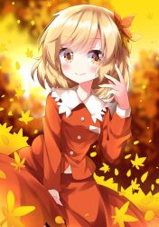 Rule 34 | 1girl, aki shizuha, blonde hair, blurry, blurry background, closed mouth, commentary request, hair ornament, highres, leaf, leaf hair ornament, long sleeves, looking at viewer, orange eyes, red shirt, red skirt, ruu (tksymkw), shirt, short hair, skirt, smile, solo, touhou
