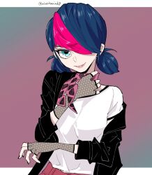 Rule 34 | 1girl, black gloves, black jacket, blue eyes, blue hair, bodysuit, gloves, goth fashion, jacket, looking at viewer, marinette dupain-cheng, miracharink0, miraculous ladybug, open clothes, open jacket, pink background, shirt, simple background, smile, solo, upper body, white shirt