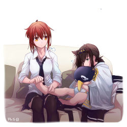 Rule 34 | 2girls, barefoot, black legwear, blush, borrowed clothes, breasts, brown hair, character doll, unworn clothes, clothes writing, couch, dress shirt, epaulettes, expressionless, failure penguin, feet, female admiral (kancolle), foot massage, hachimaki, hair between eyes, hairband, hands on feet, hatsuzuki (kancolle), headband, highres, hugging object, jacket, kantai collection, long sleeves, medium breasts, military jacket, multiple girls, necktie, pillow, pillow hug, pin.s, pleated skirt, ponytail, red hair, shirt, short hair, signature, sitting, skirt, soles, thighhighs, yellow eyes