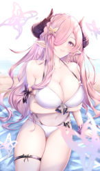 Rule 34 | 1921494015, 1girl, absurdres, arm under breasts, bare shoulders, bikini, blush, braid, breasts, cleavage, draph, granblue fantasy, hair ornament, hair over one eye, highres, horns, large breasts, long hair, narmaya (granblue fantasy), navel, one eye covered, parted lips, pink hair, pointy ears, sitting, smile, solo, swimsuit, thigh strap, thighs, white bikini