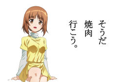 1girl blush breasts brown_eyes brown_hair commentary cwind dress girls_und_panzer highres looking_at_viewer nishizumi_miho open_mouth short_hair simple_background sitting small_breasts smile solo white_background yellow_dress