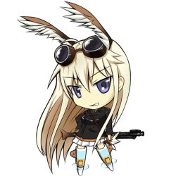 Rule 34 | 1girl, bad id, bad pixiv id, blue eyes, chibi, dfx, goggles, goggles on head, gun, hanna-justina marseille, head wings, military, military uniform, smirk, solo, strike witches, striker unit, uniform, weapon, wings, witches of africa, world witches series