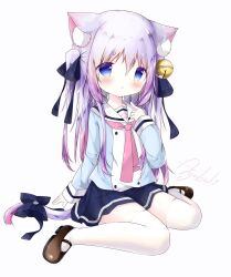 Rule 34 | 1girl, akatsuki (ytkg5558), animal ear fluff, animal ears, bell, blue eyes, blush, bow, brown footwear, cat ears, cat girl, cat tail, full body, hair bell, hair bow, hair ornament, highres, long hair, long sleeves, looking at viewer, miniskirt, necktie, original, paw print, pink necktie, purple hair, school uniform, serafuku, short eyebrows, signature, simple background, sitting, skirt, solo, tail, tail bow, tail ornament, thick eyebrows, thighhighs, wariza, white background, white thighhighs