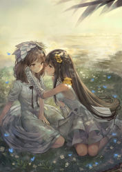 Rule 34 | 2girls, anklet, blunt bangs, blush, brown eyes, brown hair, closed mouth, comforting, commentary request, dress, eye contact, field, flower, gloves, hair ornament, high heels, highres, jewelry, kobutakurassyu, long hair, looking at another, multiple girls, original, outdoors, sitting, white dress, white gloves, yuri