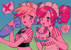 Rule 34 | 2girls, apron, blonde hair, blue background, blue eyes, buro (muse dash), cake, collarbone, detached collar, eyelashes, food, food on face, from side, heart, highres, holding pastry bag, icing, looking at another, maid headdress, menma (enaic31), multicolored hair, multiple girls, muse dash, nail polish, open mouth, pastry bag, red eyes, red hair, red nails, rin (muse dash), shirt, short sleeves, speech bubble, spoken emoji, spoken heart, sprinkles, streaked hair, striped clothes, striped shirt, waist apron, white apron