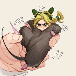 Rule 34 | 1girl, anger vein, angry, animal costume, braid, braided bun, double bun, frown, ginmu, green eyes, green hair, hair bun, in palm, jojo no kimyou na bouken, kicking, kuujou jolyne, looking at viewer, mini person, minigirl, motion blur, motion lines, mouse costume, multicolored hair, parted bangs, solo focus, stomping, stone ocean, two-tone hair, v-shaped eyebrows, yellow background