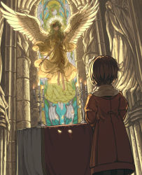 Rule 34 | 2girls, angel, angel wings, bad id, bad pixiv id, barefoot, brown hair, candle, candlelight, candlestand, character request, church, dress, dutch angle, elona, closed eyes, floating, from behind, green hair, halo, harusame (rueken), head wings, streaked hair, indoors, jure of healing, long hair, multicolored hair, multiple girls, shaded face, short hair, staff, stained glass, statue, tagging in progress, wavy hair, wax, wings