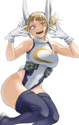 Rule 34 | 1girl, absurdres, animal ears, armpits, ass, bags under eyes, bare shoulders, blonde hair, boku no hero academia, breasts, collarbone, cosplay, double bun, fangs, fengling (furin-jp), gloves, groin, hair bun, hands up, heattech leotard, highres, large breasts, looking at viewer, messy hair, mirko, mirko (cosplay), open mouth, rabbit ears, rabbit tail, simple background, solo, tail, teeth, toga himiko, turtleneck, white background, white gloves, wide hips, yellow eyes
