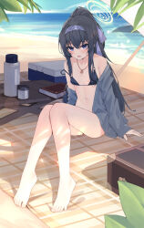 Rule 34 | 1girl, absurdres, barefoot, beach, bikini, black hair, blue archive, blue eyes, blush, feet, hairband, highres, long hair, looking at viewer, open mouth, parasol, ponytail, swimsuit, toes, ui (blue archive), umbrella, xiao lin jiu