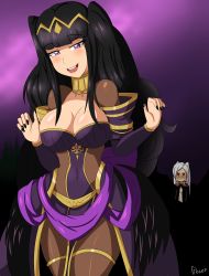 Rule 34 | 2girls, absurdres, alternate costume, black hair, black nails, blush, bodystocking, bodysuit, breasts, cleavage, covered navel, dress, female focus, fire emblem, fire emblem awakening, glazinbuns, grey hair, heart, highres, intelligent systems, jewelry, large breasts, lips, long hair, makeup, multiple girls, nail polish, navel, nintendo, official alternate costume, open mouth, purple background, purple eyes, robe, robin (female) (fire emblem), robin (fire emblem), signature, smile, teeth, tharja (fire emblem), thick thighs, thighlet, thighs, tiara, tongue, twintails, very long hair, wedding dress, yuri