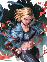 Rule 34 | 1girl, abs, blonde hair, blue eyes, cammy white, facial scar, gloves, highres, jacket, looking at viewer, mitsu plus, muscular, muscular female, scar, scar on cheek, scar on face, short hair, solo, stomach, stomach day, street fighter, street fighter 6, tank top