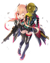 Rule 34 | 1girl, :3, :d, blush, from above, girls&#039; frontline, gun, himonoata, looking at viewer, looking up, m4 sopmod ii (girls&#039; frontline), midriff, one eye closed, open mouth, pale skin, pink eyes, pink hair, plant roots, prosthesis, rifle, shorts, smile, solo, sopmod, thighhighs, weapon, white background