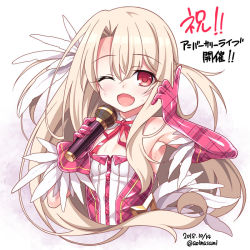 Rule 34 | 1girl, 2018, ;d, aoi masami, armpits, blush, brown hair, dated, elbow gloves, fate/kaleid liner prisma illya, fate (series), flat chest, gloves, holding, holding microphone, illyasviel von einzbern, long hair, microphone, music, one eye closed, open mouth, pink gloves, red eyes, red ribbon, ribbon, singing, smile, solo, sweat, translation request, twitter username, two side up, upper body
