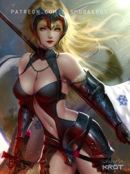 Rule 34 | 1girl, armor, armored dress, bare shoulders, black dress, blonde hair, breasts, chain, cleavage, clothing cutout, commentary, dress, english commentary, facing viewer, fate/grand order, fate (series), faulds, flag, fur trim, gauntlets, headpiece, holding, holding sword, holding weapon, jeanne d&#039;arc (fate), jeanne d&#039;arc alter (avenger) (fate), jeanne d&#039;arc alter (avenger) (third ascension) (fate), jeanne d&#039;arc alter (fate), large breasts, navel cutout, red lips, shurakrgt, solo, sword, weapon, yellow eyes