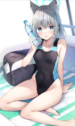 Rule 34 | 1girl, animal ear fluff, animal ears, bag, bare arms, bare legs, bare shoulders, barefoot, black one-piece swimsuit, blue archive, bottle, breasts, competition swimsuit, covered navel, duffel bag, extra ears, feet, grey hair, groin, hair ornament, halo, hand up, highleg, highleg swimsuit, highres, holding, long hair, looking at viewer, mismatched pupils, one-piece swimsuit, oryo (oryo04), parted lips, ponytail, shiroko (blue archive), shiroko (swimsuit) (blue archive), sidelocks, sitting, small breasts, solo, swimsuit, thighs, water bottle, wet, yokozuwari