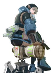 Rule 34 | 1girl, absurdres, animification, apex legends, ass, black headwear, black pants, blue eyes, blue footwear, blue jacket, brown gloves, deep current wattson, eyepatch, from side, gloves, grey hair, highres, jacket, official alternate costume, one eye covered, pants, sitting, smile, solo, suzusiron, thrusters, wattson (apex legends), white background