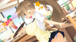 Rule 34 | 1girl, ahoge, apron, ass, blurry, blurry background, blush, breasts, brown eyes, brown hair, chair, cream, dessert, female focus, food, fruit, hair between eyes, hand up, happy, high ponytail, highres, holding, holding tray, indoors, large breasts, long hair, looking at viewer, makarou, matching hair/eyes, nose blush, one eye closed, open mouth, orange (fruit), orange slice, panties, pantyshot, ponytail, restaurant, sideboob, skirt, smile, solo, standing, strawberry, striped clothes, striped panties, table, taneshima popura, tray, twisted torso, underwear, waitress, wink, working!!