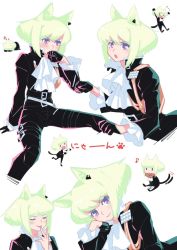 Rule 34 | 1boy, androgynous, animal ears, belt, black gloves, black jacket, cat boy, cat ears, cat tail, chibi, ascot, earrings, closed eyes, licking finger, gloves, green hair, half gloves, highres, jacket, jewelry, kiharatta, licking, lio fotia, male focus, open mouth, promare, purple eyes, short hair, smile, solo, tail