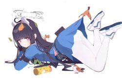 Rule 34 | 1girl, ahoge, animal ears, banxuan c2ka, belt, black gloves, black hair, blue archive, blue shirt, blue skirt, blush, closed mouth, fake animal ears, female focus, ferret, from side, full body, gloves, hairband, halo, leaf, leaf on head, long hair, long sleeves, looking at viewer, lying, miyu (blue archive), on stomach, panties, panties under pantyhose, pantyhose, polka dot, polka dot panties, rabbit ears, raised eyebrows, sailor collar, shirt, shoes, sidelocks, simple background, skirt, sneakers, solo, thermos, underwear, utility belt, white background, white footwear, white pantyhose