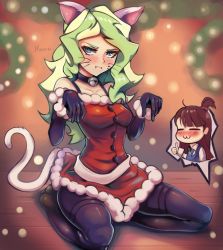 Rule 34 | 2girls, absurdres, animal ears, bare shoulders, bell, black gloves, black legwear, blonde hair, blue eyes, blush, brown hair, cat ears, cat tail, choker, christmas, closed mouth, diana cavendish, dress, elbow gloves, closed eyes, full body, fur trim, gloves, green hair, highres, indoors, jingle bell, kagari atsuko, little witch academia, long hair, looking to the side, multicolored hair, multiple girls, pantyhose, paw pose, pout, red dress, school uniform, seiza, short ponytail, sitting, smile, tail, thumbs up, toasty scones, two-tone hair, whiskers