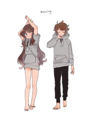 Rule 34 | 1boy, 1girl, alternate costume, arms up, barefoot, black pants, blue eyes, blush, brown hair, closed eyes, closed mouth, commentary, creatures (company), eyelashes, game freak, grey hoodie, hagetapo, hair down, hilbert (pokemon), hilda (pokemon), hood, hood down, hoodie, long hair, long sleeves, looking up, nintendo, pants, parted lips, pokemon, pokemon bw, short sleeves, sidelocks, simple background, stretching, symbol-only commentary, tearing up, toes, white background
