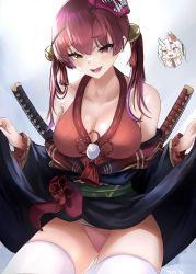Rule 34 | 1girl, bare shoulders, breasts, cleavage, clothes lift, dress, dress lift, highres, hololive, houshou marine, japanese clothes, katana, kimono, large breasts, leotard, mask, mask on head, multicolored eyes, nakiri ayame, nakiri ayame (1st costume), red eyes, red hair, red leotard, sash, sitting, solo, sword, thighhighs, tommy (kingdukeee), twintails, virtual youtuber, weapon, white thighhighs, yellow eyes