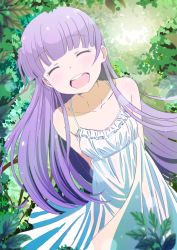 Rule 34 | 1girl, arms behind back, collarbone, day, dress, closed eyes, floating hair, forest, hair between eyes, highres, leaning to the side, lens flare, long hair, makicha, nature, new game!, open mouth, outdoors, purple hair, sleeveless, sleeveless dress, smile, solo, standing, sundress, suzukaze aoba, very long hair, white dress