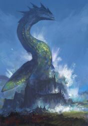 Rule 34 | animal focus, blue sky, day, dragon, faux traditional media, field, fins, giant, giant monster, gills, highres, ikorusart, long neck, monster, no humans, original, outdoors, painterly, scenery, sky, solo
