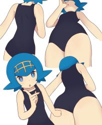 Rule 34 | 1girl, :o, bare arms, black one-piece swimsuit, blue eyes, blue hair, breasts, bright pupils, clenched hand, collarbone, commentary, creatures (company), freckles, game freak, hairband, hand up, index finger raised, lana (pokemon), looking at viewer, multiple views, nintendo, no sclera, one-piece swimsuit, pokemon, pokemon sm, short hair, shoulder blades, simple background, squid neetommy, swimsuit, trial captain, white background, white pupils, yellow hairband