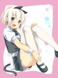 Rule 34 | 1girl, :d, animal ears, apron, ass, blue eyes, blush, cat ears, cat tail, fake animal ears, female focus, garter straps, highres, kemonomimi mode, konpaku youmu, leg lift, looking at viewer, maid, maid apron, mary janes, mokoke, no panties, open mouth, shoes, short hair, silver hair, skirt, smile, solo, tail, thighhighs, touhou, white thighhighs, wrist cuffs