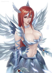 Rule 34 | 1girl, armor, armored dress, bad id, bad pixiv id, breasts, cleavage, dual wielding, erza scarlet, fairy tail, feathers, gauntlets, head wings, holding, large breasts, lips, long hair, looking at viewer, metal wings, red hair, simple background, solo, sword, vasily (run211), weapon, wings