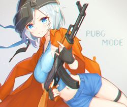 Rule 34 | .live, 1girl, black gloves, blue eyes, blush, breasts, chromatic aberration, closed mouth, fingerless gloves, gloves, gun, habu., helmet, holding, holding gun, holding weapon, large breasts, looking at viewer, navel, playerunknown&#039;s battlegrounds, short hair, sideboob, dennou shoujo siro, smile, solo, virtual youtuber, weapon, white hair