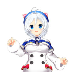 Rule 34 | .live, 1girl, akiiro, antenna hair, blue eyes, blush, breasts, large breasts, long sleeves, looking at viewer, open mouth, short hair, simple background, dennou shoujo siro, smile, solo, virtual youtuber, white background, white hair