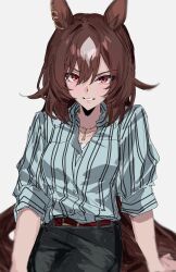 Rule 34 | 1girl, animal ears, belt, black pants, blush, breasts, brown belt, brown hair, cleavage, commentary request, grin, highres, horse ears, horse girl, large breasts, long hair, long sleeves, m75255831, multicolored hair, official alternate costume, pants, red eyes, shirt, simple background, sirius symboli (umamusume), smile, solo, streaked hair, striped clothes, striped shirt, umamusume, very long hair, white background, white hair