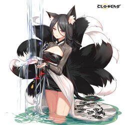 Rule 34 | 1girl, alternate hair color, animal ear fluff, animal ears, bai winchester, black dress, black hair, black sleeves, black tail, breasts, cleavage, cleavage cutout, closers, clothing cutout, copyright name, cowboy shot, dress, fox ears, fox girl, fox tail, heterochromia, highres, kitsune, kyuubi, large breasts, layered dress, logo, long hair, long sleeves, looking down, low ponytail, multiple tails, official art, parted lips, pink eyes, purple eyes, see-through, see-through sleeves, solo, standing, tail, two-tone dress, very long hair, wading, washing hands, water, waterfall, wet, wet clothes, white background, white dress