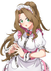 Rule 34 | 1girl, absurdres, ahoge, apron, blush, bow, bowtie, breasts, brown hair, commentary, cowboy shot, dress, frilled apron, frilled dress, frills, green eyes, hands up, hashiba (hashiba ss), highres, idolmaster, idolmaster million live!, idolmaster million live! theater days, long hair, looking at viewer, maid, maid headdress, medium breasts, nikaidou chizuru, open mouth, pink bow, pink bowtie, pink dress, ponytail, pretty waitress (idolmaster), puffy short sleeves, puffy sleeves, short sleeves, simple background, smile, solo, standing, steepled fingers, very long hair, waist apron, white apron, white background, white wrist cuffs, wrist cuffs